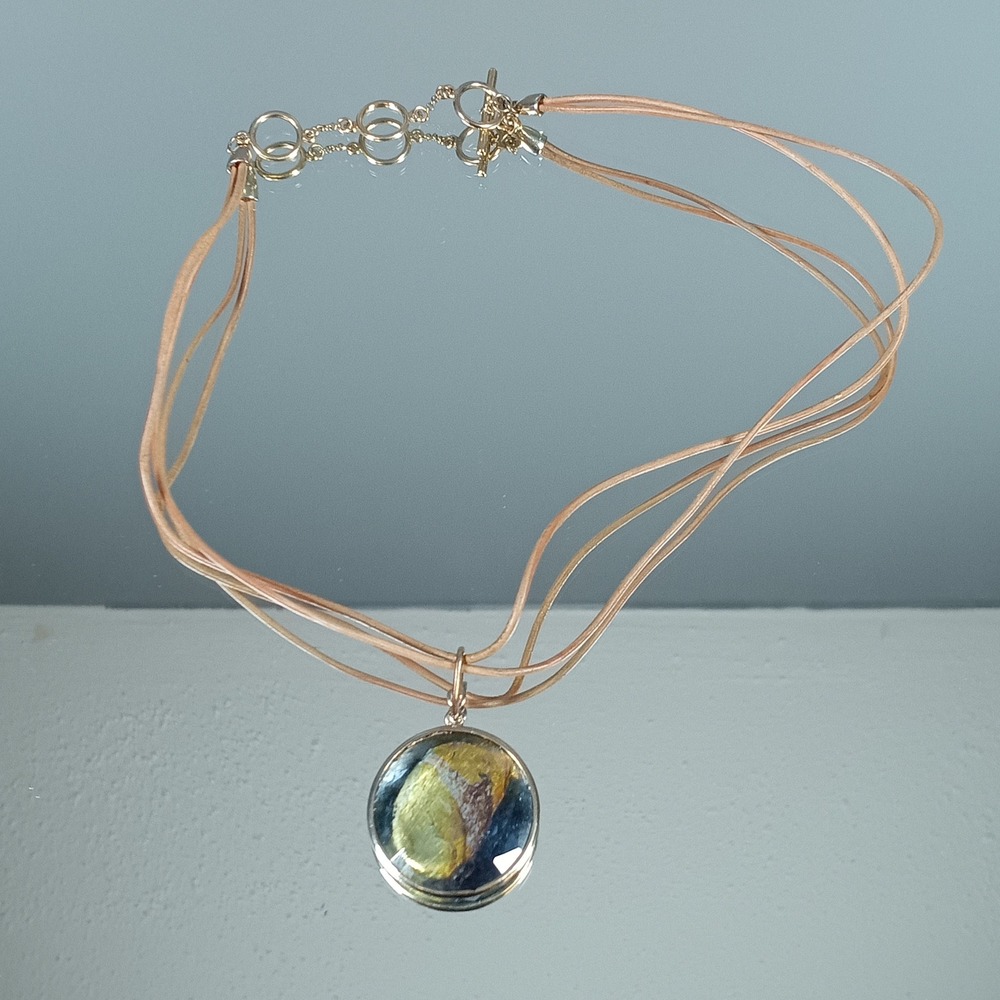 Multi Strand Leather Cord Necklace W/Round Beaded Pendant Gold Tone Toggle Clasp